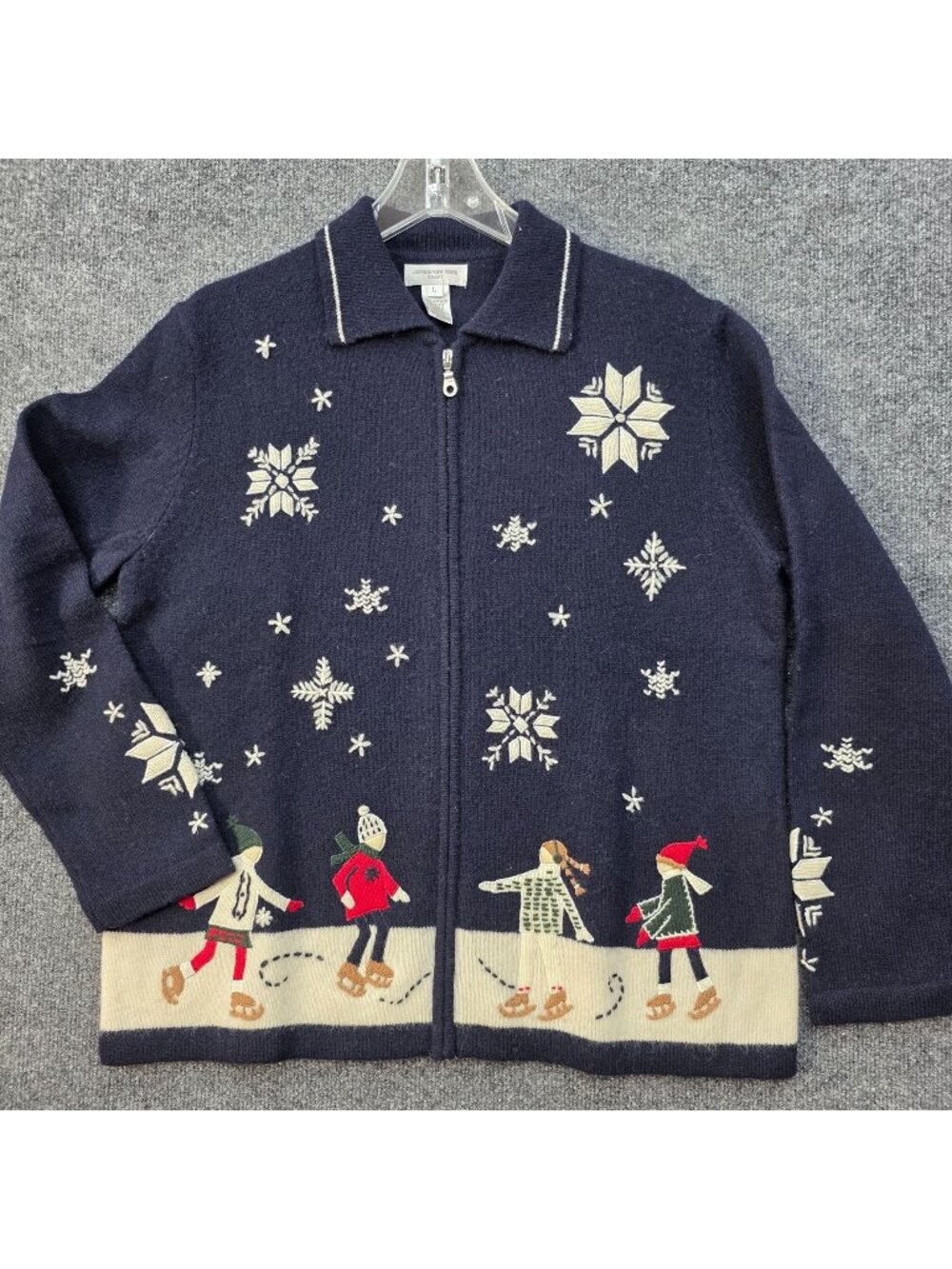 Jones New York L Wool Whimsical Snowflake Cardigan Navy Embroidered Cottagecore